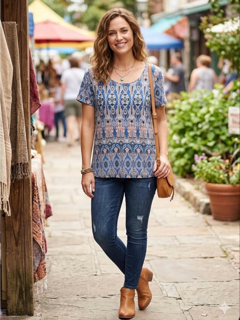 Westport Boho Paisley Border Print Short Sleeve Tee Top Blue Coral Size XL